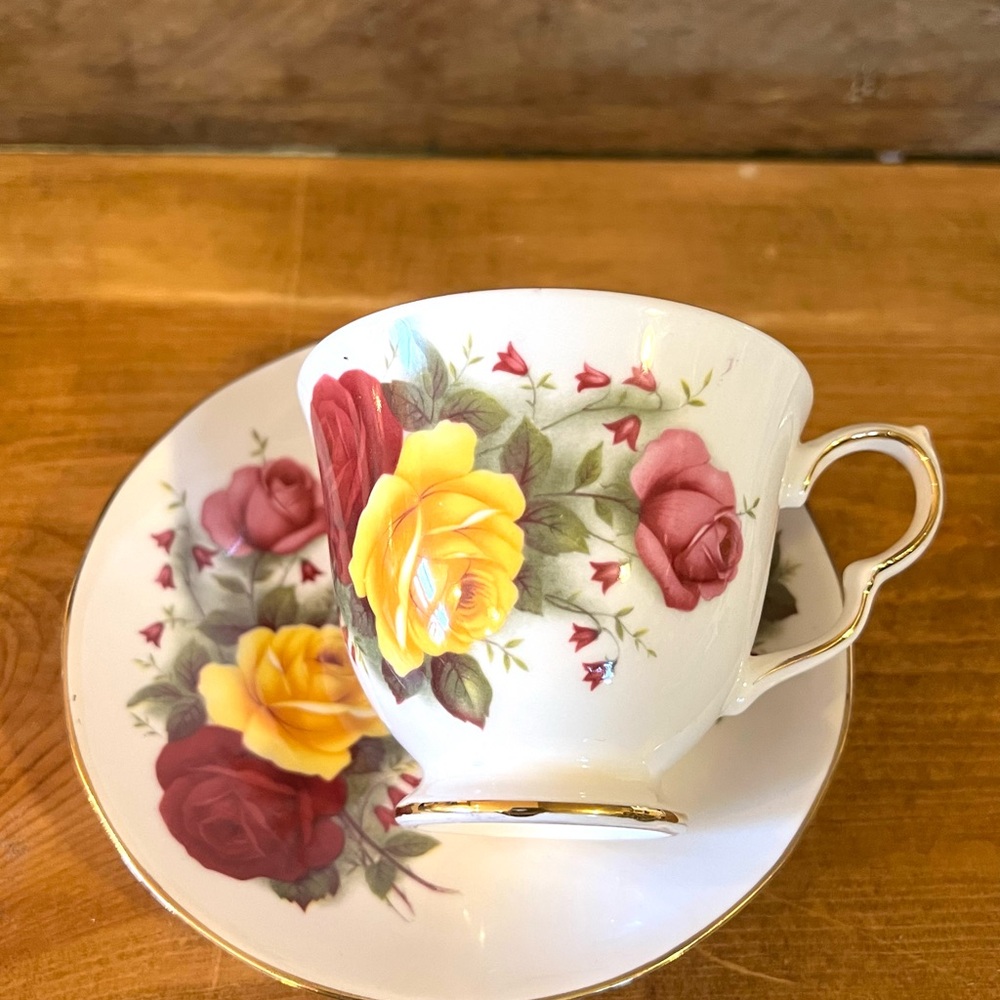 Vintage Queen Anne teacup and saucer bone china pink and yellow rose England